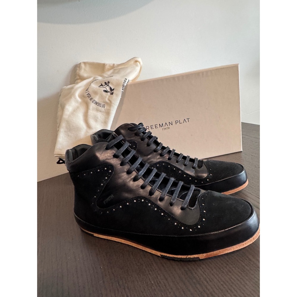 Luxury Shoes Freeman Plat Court Mid Mens 9 Black Leather Suede Brogue Sneakers